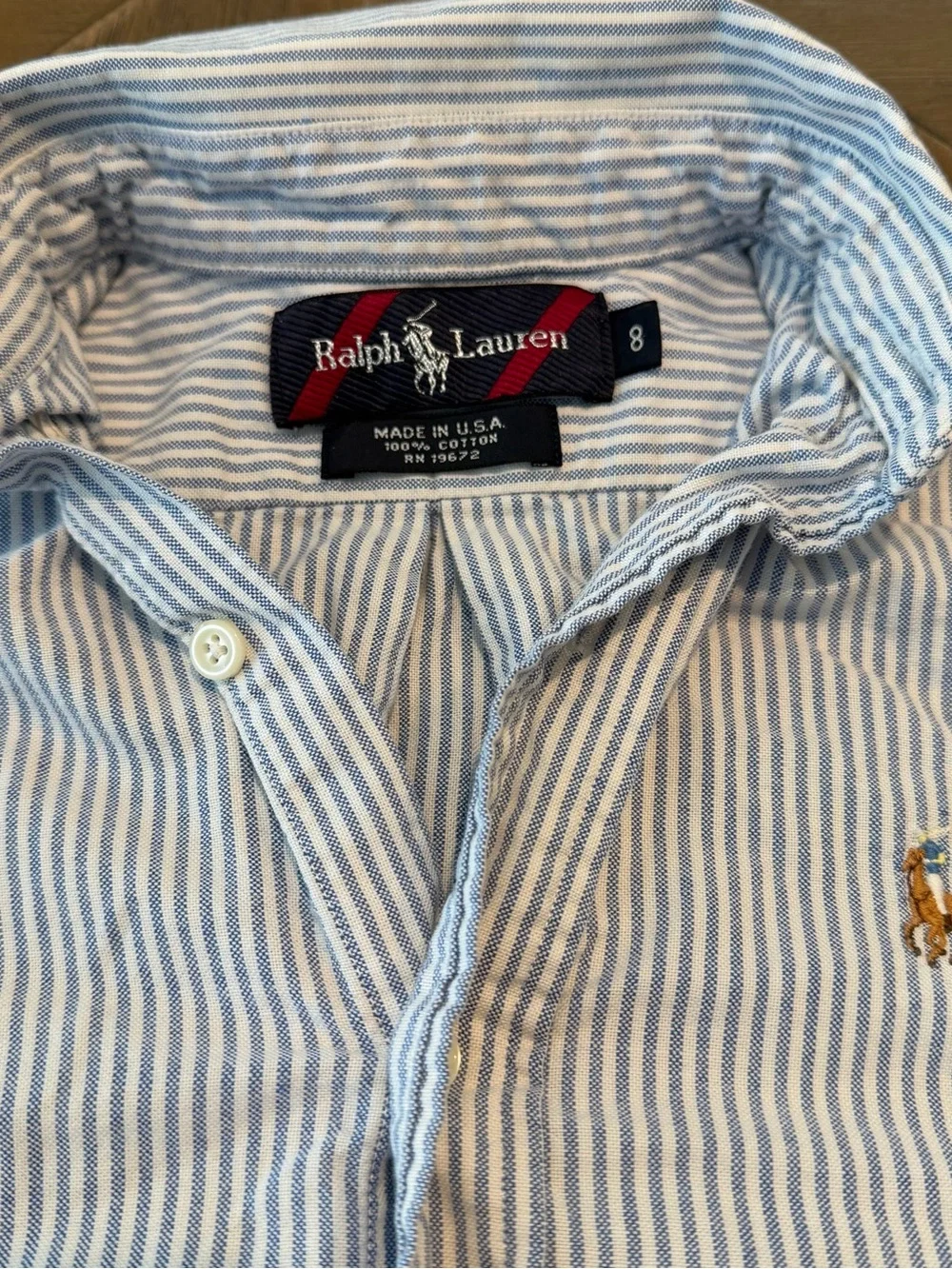 Ralph Lauren Boys Blue White Striped Oxford Button Down Shirt Size 8 Vintage